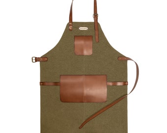 DRAKENSBERG Barbecue Apron »Bob« Olive-Green, handmade cooking apron, kitchen apron for men & barista | sustainable Canvas + leather
