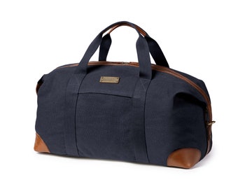 DRAKENSBERG Travel bag »Duke« Navy-Blue, lightweight travel bag & sports bag for men made of sustainable canvas + leather