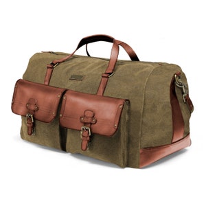 Sac de voyage DRAKENSBERG »Steve« vert olive, Weekender & sac de sport vintage fait main pour hommes en toile durable + cuir de