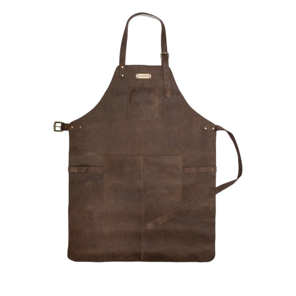 Tablier de cuisine DRAKENSBERG »Bob« Café-marron, Tablier de cuisine fait main pour homme & barista en cuir premium durable