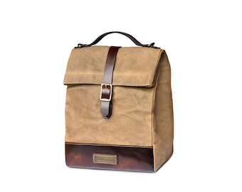 DRAKENSBERG lunch bag »Brian« khaki-sand made of waxed canvas & leather, handmade, water-repellent, robust, stylish for office, travelling