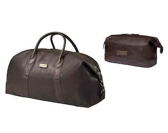 DRAKENSBERG Set Weekender »David« (60) & Toilet Bag "Ruby" Coffee-Brown made of genuine leather | distinctive vintage look for men and women