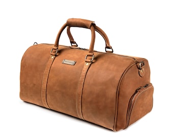 DRAKENSBERG Weekender »Finn« Cognac-Brown, handmade travel bag & sports bag with shoe compartment for men | sustainable leather