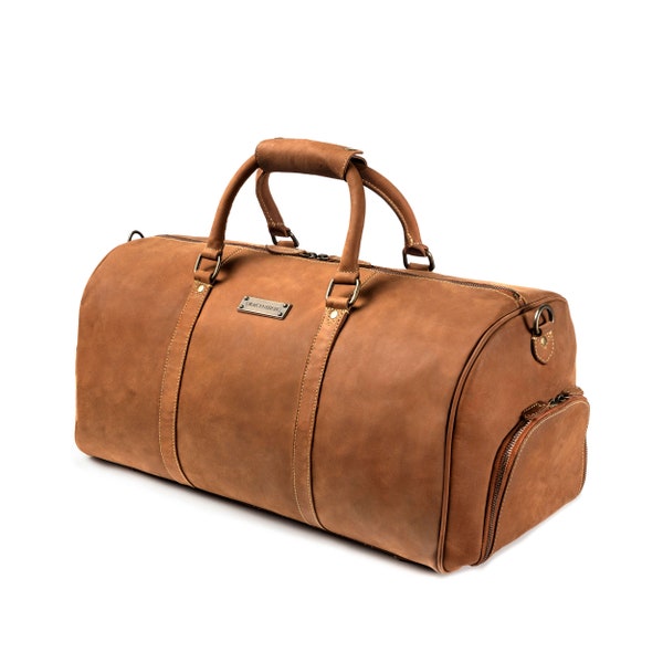 DRAKENSBERG Weekender »Finn« Brun Cognac, sac de voyage & sac de sport fait main avec compartiment à chaussures pour hommes en cuirdurable