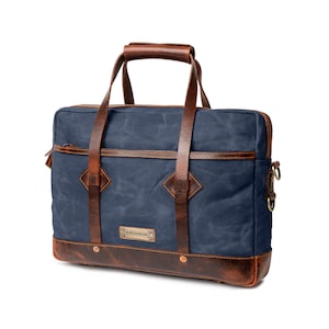 DRAKENSBERG Briefcase »Noah« Ocean-Blue, handcrafted laptop bag & messenger bag for men made from waxed canvas and hardened leather