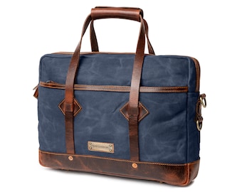 DRAKENSBERG Briefcase »Noah« Ocean-Blue, handcrafted laptop bag & messenger bag for men made from waxed canvas and hardened leather