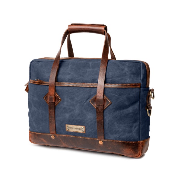 DRAKENSBERG Briefcase »Noah« Ocean-Blue, handcrafted laptop bag & messenger bag for men made from waxed canvas and hardened leather