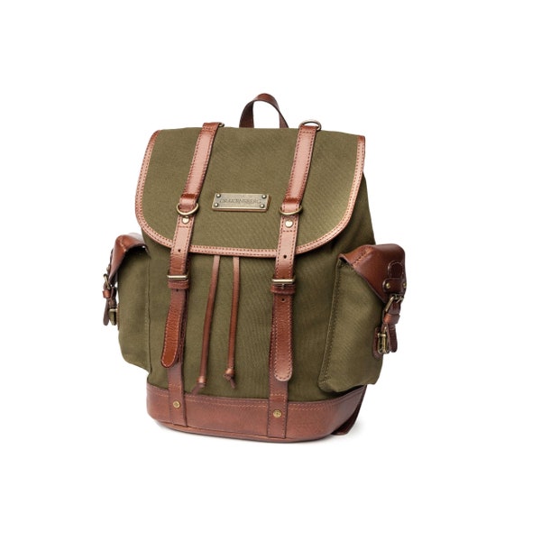 DRAKENSBERG Sac à dos »Henry Junior« vert olive, sac à dos de randonnée & d'alpinisme fait main pour les enfants en toile durable + cuir de