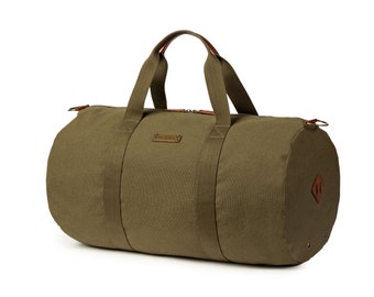 DRAKENSBERG Weekender »Jamie« Olive-Green, lightweight and foldable travel bag & sports bag for men | sustainable canvas + leather