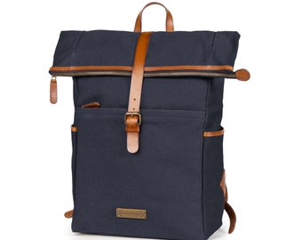 DRAKENSBERG Backpack »Archie« Navy-Blue, handmade roll-top backpack, messenger backpack for men made of sustainable canvas + leather