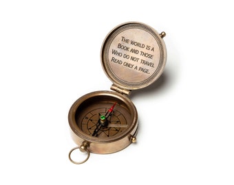 DRAKENSBERG Compass "Miles" Brass Antique, functional compass with sundial | foldable with high-quality laser engraving and travel quote.