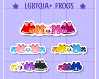 May include: A set of frog stickers representing the LGBTQIA+ pride flag. The frogs are arranged in a line, each with a different color corresponding to the flag. The colors are red, orange, yellow, green, blue, indigo, and violet. The frogs are all smiling and have hearts on their chests.
