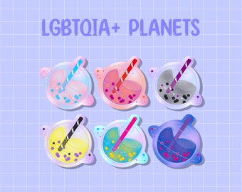 Puede incluir: Seis pegatinas de té de burbujas de colores con planetas y estrellas. Cada pegatina presenta un color diferente de té de burbujas con una pajita y perlas de boba. El texto "LGBTQIA+ PLANETS" está en la parte superior de la imagen.