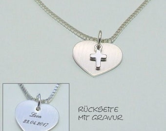 Süße Herzkette mit Kreuzanhänger aus 925/-Sterling Silber - bis zu 2 Gravuren inklusive - als Geschenk zur Kommunion, Konfirmation, Taufe