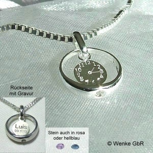 Taufkette mit Taufring und Taufuhr inkl. Gravur Uhrzeit, Name Datum, aus 925/Sterling Silber, mit Zirkonia-Stein, Taufgeschenk Taufschmuck Bild 1