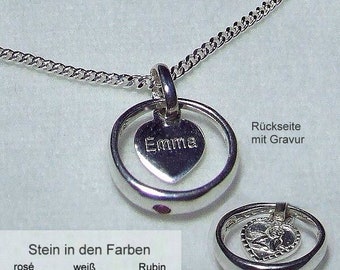 Taufkette mit Taufring, Herz-Schutzengel & Gravur mit Zirkonia Rubin oder Saphir als Taufgeschenk, aus 925/-Sterling Silber, Taufgeschenk