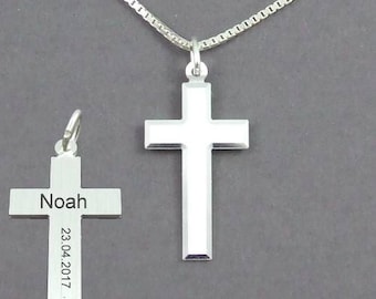 Kreuz-Anhänger aus 925/Sterling Silber inkl. Kette auf Wunsch mit Gravur Name Datum Geschenk zur Kommunion Konfirmation Silberkreuz schlicht