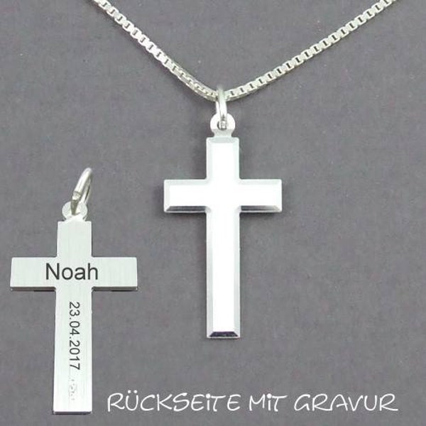 Kreuz-Anhänger aus 925/Sterling Silber inkl. Kette auf Wunsch mit Gravur Name Datum Geschenk zur Kommunion Konfirmation Silberkreuz schlicht