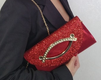 Splendida pochette per banchetti rossa glitterata - Elegante borsa da sposa - Elegante borsa da sera con catena