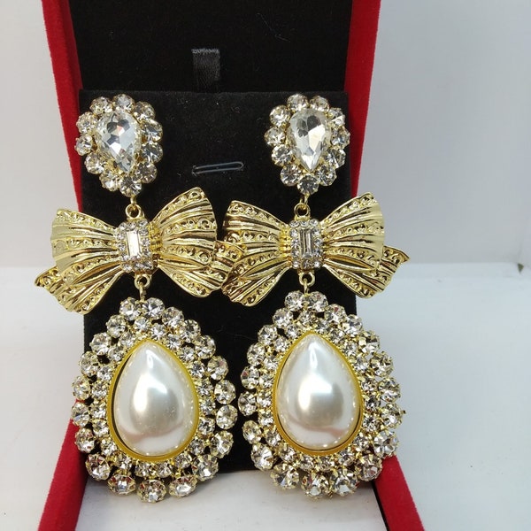 Baroque Bowknot Earrings - Teardrop Crystal Drops for Pageants & Prom - Vintage Glamour - Classy Statement Jewelry