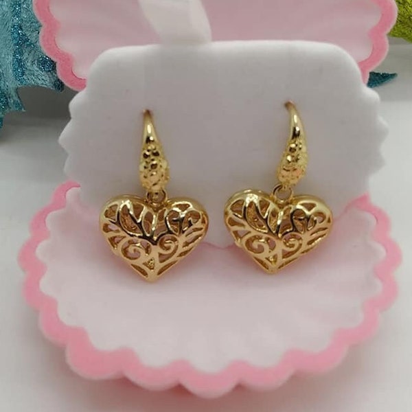 Heart shaped earrings Gold filigree heart earrings in 24K gold plated brass Celtic filigree heart puffed drop dangle earrings