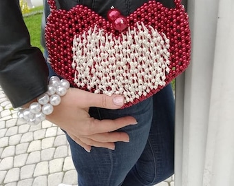Trendy handbag-Pearl beaded bag-Red beaded heart shaped bag for women-Fringe trendy purse-Crossbody shoulder purse-Cosmetic beaded bag