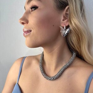 Chic Crystal Choker Collar Necklace and Silver Filigree Buterfly Earrings - Silver Rhinestone Choker