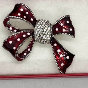 Vintage Rhinestone Bow Brooch: Red Enamel Polka Dot Pin
