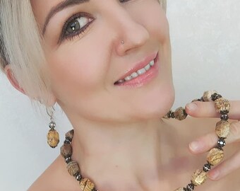 Ocean Jasper Gemstone Set - Handmade Jewelry for Mom - Stone Necklace and Earrings