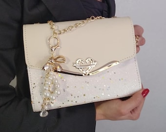 Beige & Ivory Wedding bag - Medium Bridal Purse - Vintage Crossbody Shoulder Bag
