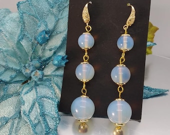 Moonstone earrings dangle. Blue ball moonstone drop earrings. 24K gold gemstone earrings
