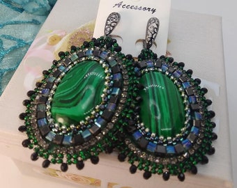 Synthetic Stone Faceted Green Malachite Earrings Dangle-Handmade embroidered earrings for women