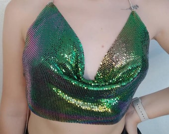 Festival Top - Clubwear Neckholder Crop Top - Rückenfreies Party Crop Top - Nachtclub Metall Mesh Tank Top - Glitzer Pailletten Kettenoberteil - Sparkle Clubwear