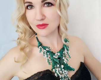 Handgemaakte ketting met lelietje-van-dalen - Witgroene bloemenchoker - Sieraden bloeiende meilelies