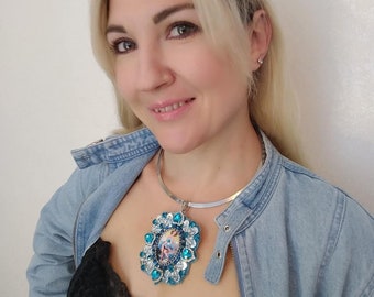 Vintage Inspired Runway Necklace with Embroidered Cameo Pendant - Artisan Design in Blue Choker Style - Crystal Accent