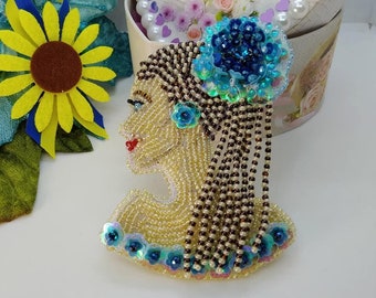 Embroidered Beaded Brooch: Lady Face, Virgo Zodiac Sign