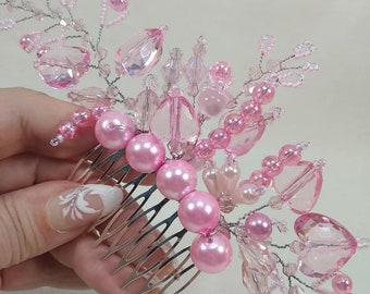 Elegant Pink Crystal Hair Comb - Bridal Headpiece - Wedding Hair Accessory - Decorative Hair Jewelry