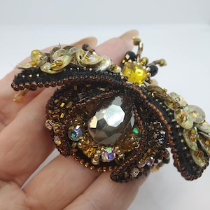 Magical Crystal Fly Brooch with Gold Beetle Detail - Handmade Beetle Brooch Pin  Jewelry
