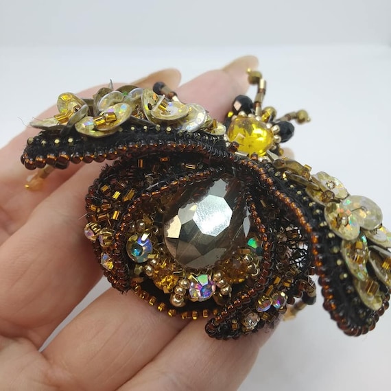 Magical Crystal Fly Brooch With Gold Beetle Detail Handmade