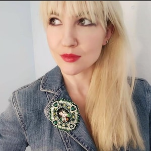 Elegant Embroidered Cameo Brooch with AB Crystals - Victorian Style Jacket Pin