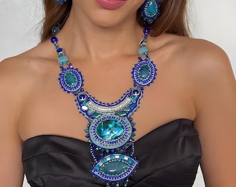Artistic Jewelry Set - OOAK Gemstone Necklace and Earrings - Runway Fashion Jewelry