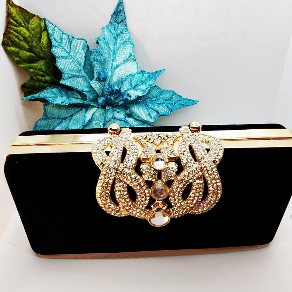 Embellished clutch purse Black velvet evening clutch bag Gold Etsy