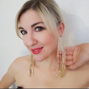 Extra long tassel stud earrings. Fringe AB rhinestone chain earrings. Shoulder duster earrings. Eye catching earrings for dancing queen