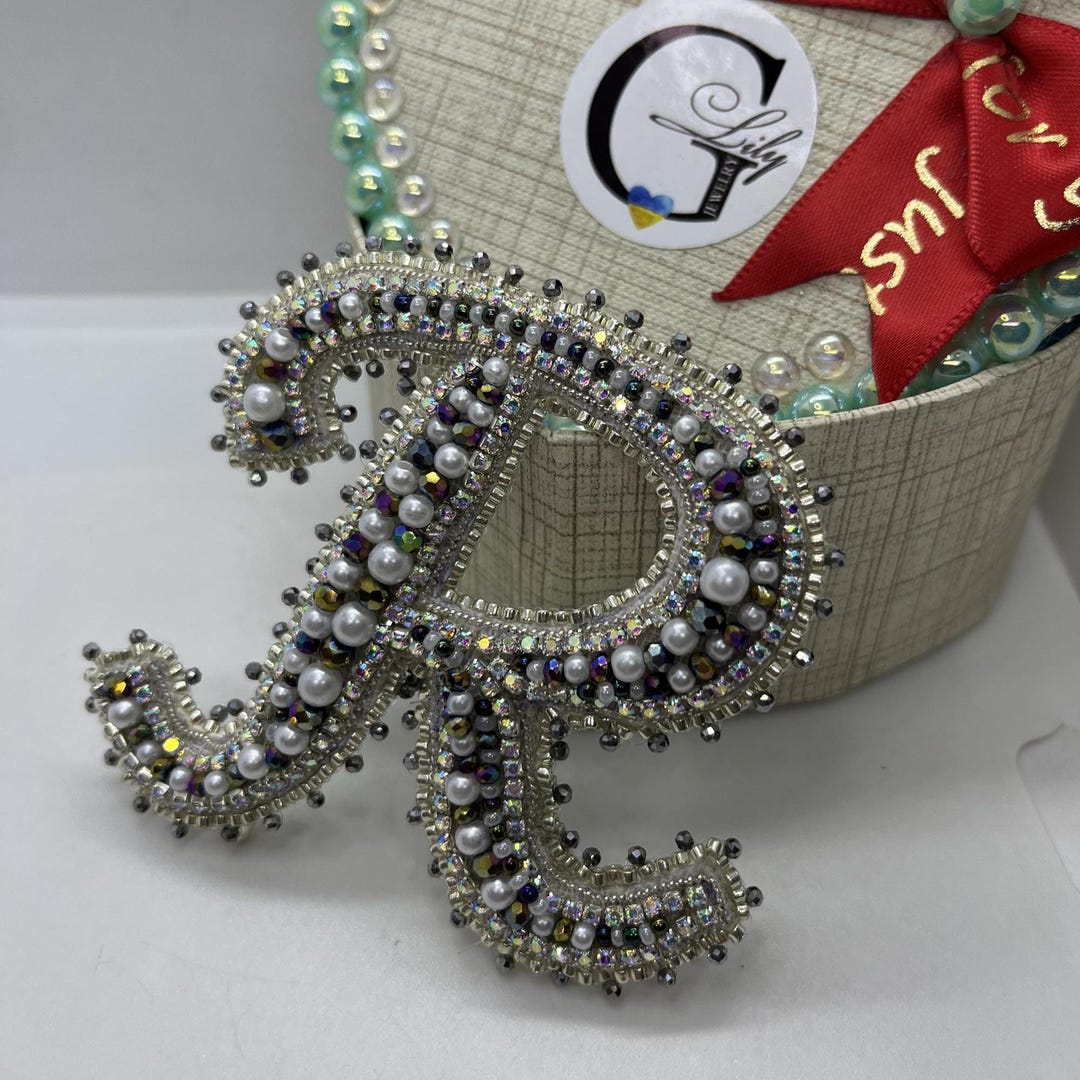 Embroidered Initial Brooch, Personalized Beaded Letter 