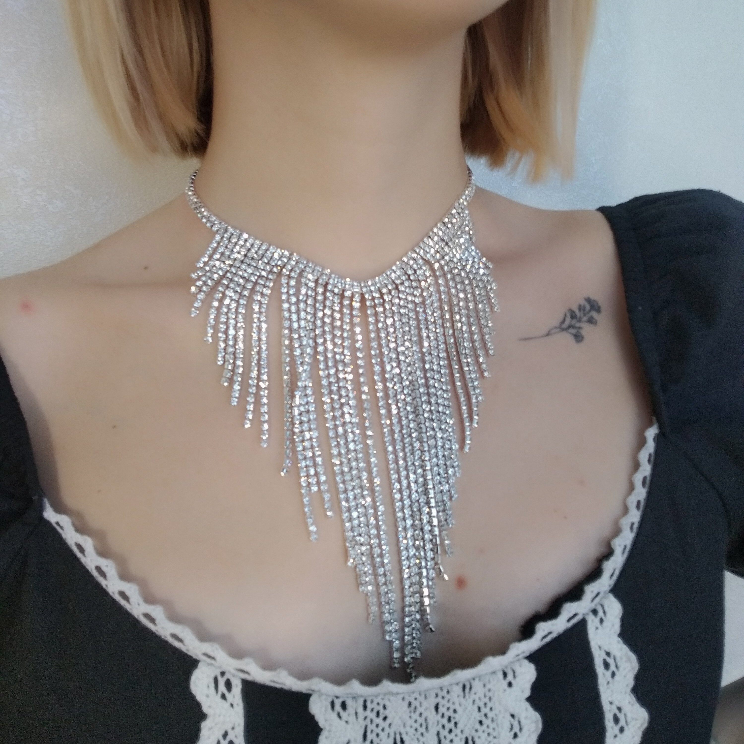 Women Layered Statement Necklace Waterfall Simulated Diamond CZ Crystal