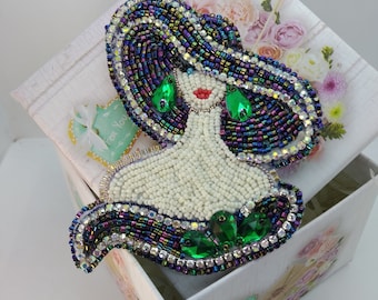 Embroidered Woman Brooch: Beaded Lady in Hat, Bold Handmade Pin