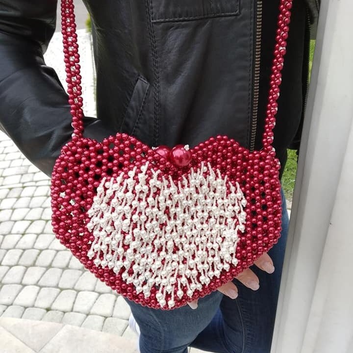 Pearl Beaded Heart-shaped Handbag - Red Fringe Purse for  display picture 1