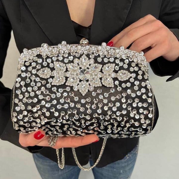 Gorgeous Women's Evening Clutch, Embroidered Crossbody Purse with Swarovski Brooch