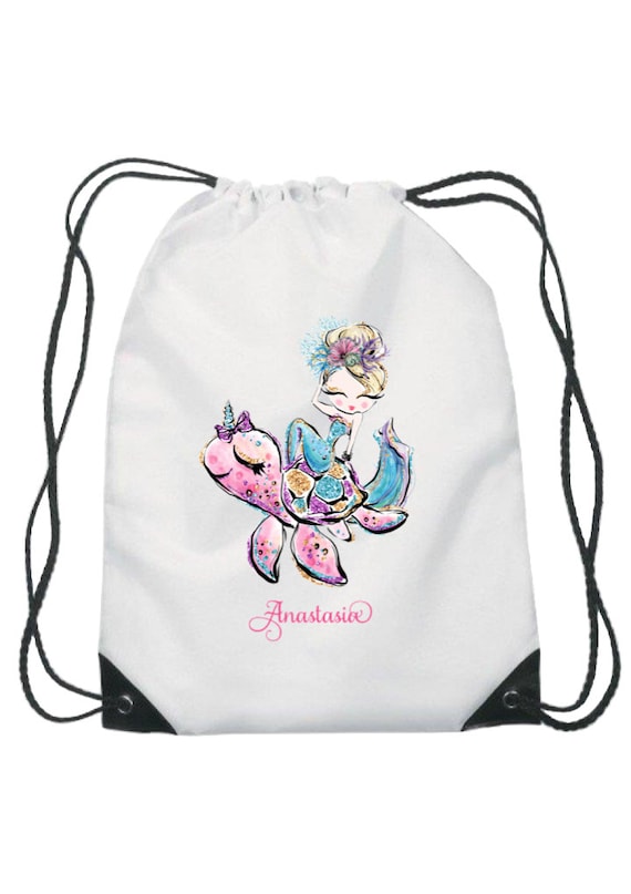 Personalised MERMAID Design Drawstring Swimming Gym Dance School Bag Rucksack