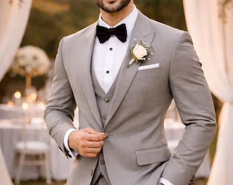 Traje de boda de tres piezas para hombre, de algodón: blazer, chaleco y pantalón plisado de estilo clásico y elegante.